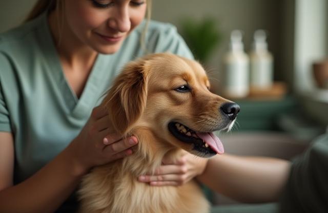 Toiletteur BellePoil caressant un chien dans le salon
