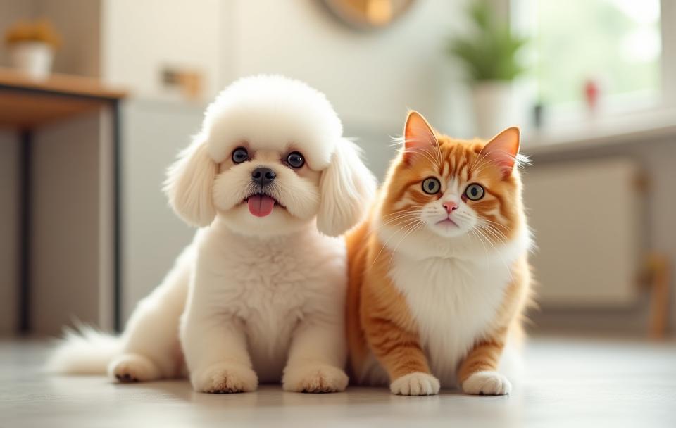 Chien et chat impeccablement toilettés dans le salon BellePoil